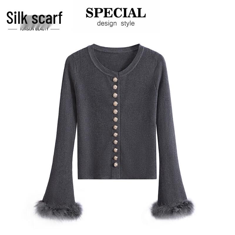 

Женский однотонный вязаный кардиган с круглым вырезом и длинными рукавами One Size