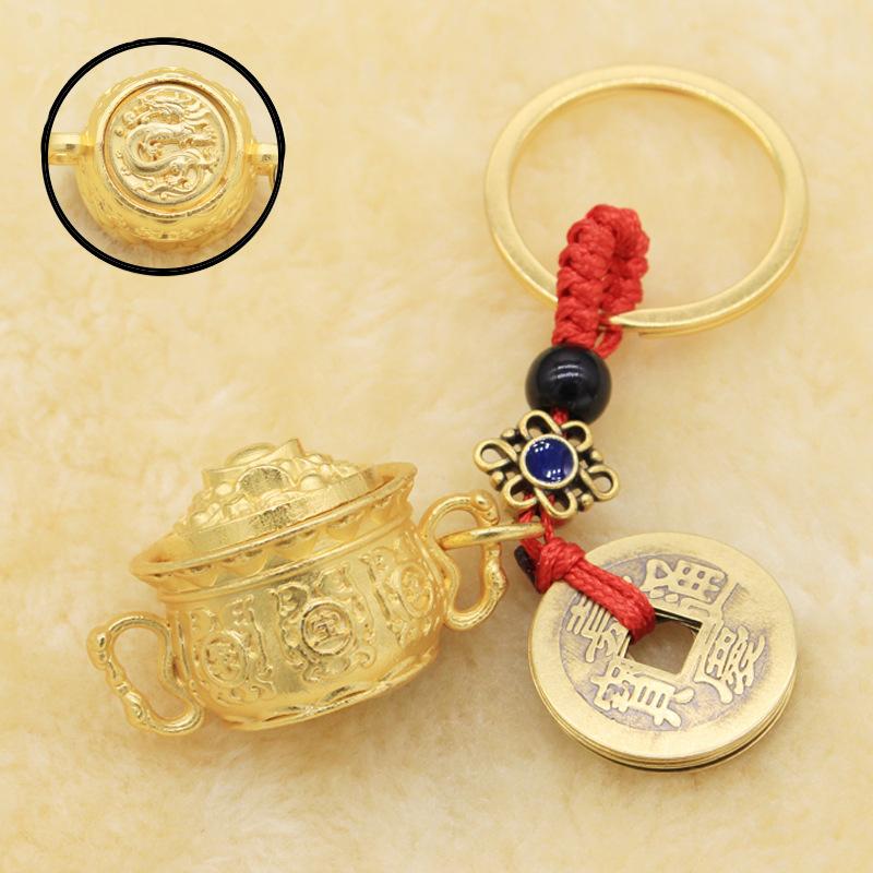 Vintage Handmade Rotating Chinese Zodiac Car Keychain Five Emperors Money Key Chain Feng Shui Coins Solid Lucky Key Ring Dragon