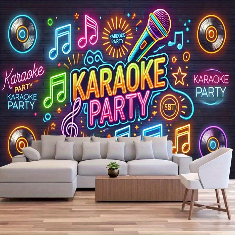 Uno sfondo vivace al neon per una festa karaoke - con microfoni, simboli musicali e le parole "Karaoke Party"