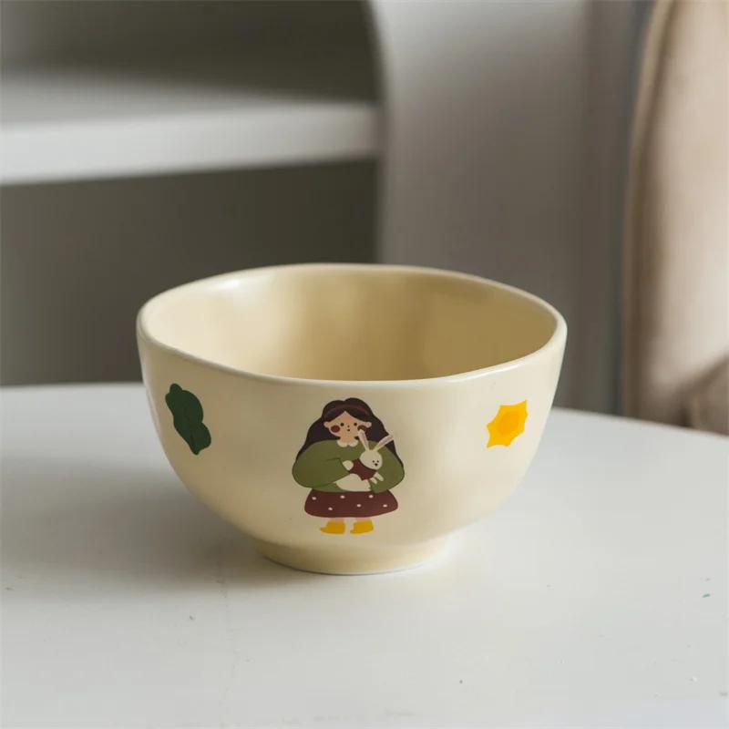 Vintage Cute Girls Ceramic Salad Bowl Dish Korean Breakfast Yogurt Oatmeal Noodle Bowls Snacks Fruit Dessert Plates Tableware