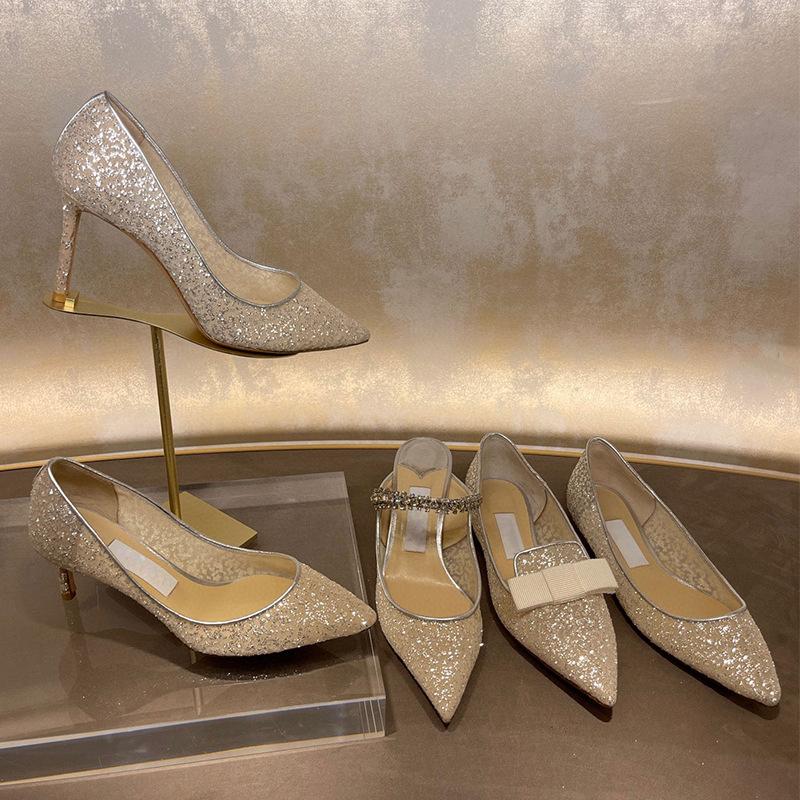 2024 New Spring and Autumn Pointed Rhinestone Chain Sequined Fairy Style Mary Jane Stiletto High Heel Wedding Shoes Stiletto