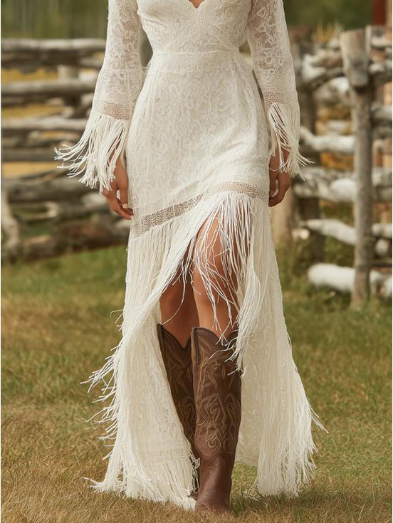Retro White Lace V-Neck Long Sleeve Tassel High-Low Skirt