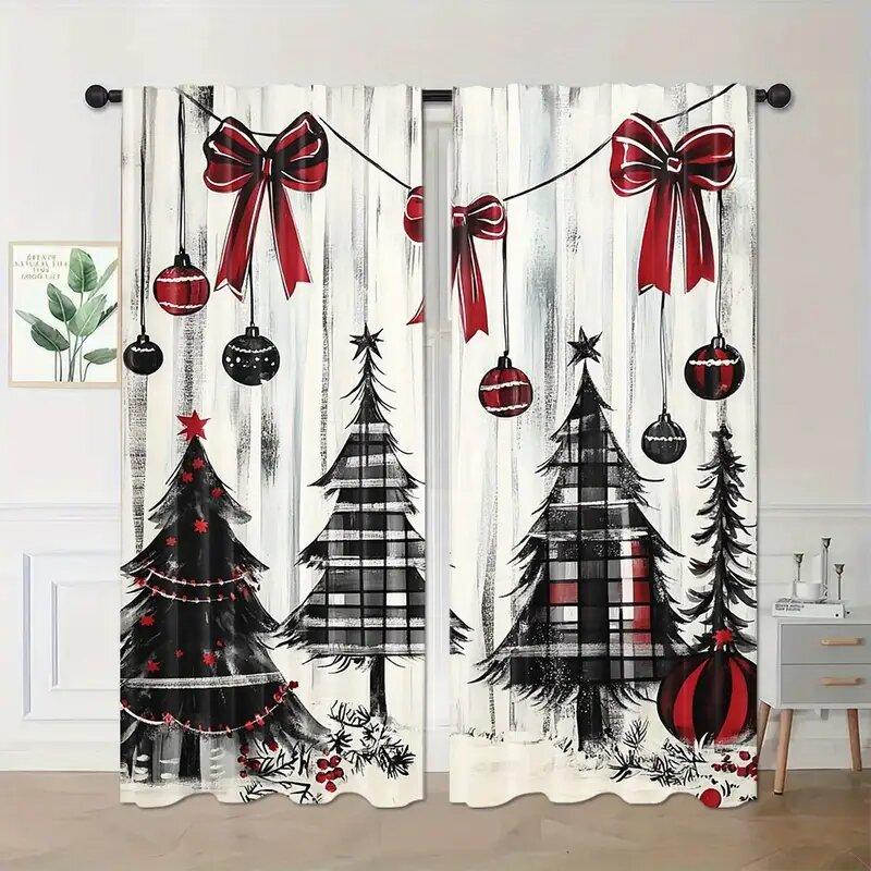 Set Of 2 Christmas Tree Holly Geometric Print Curtains Pole Bag Home Decoration Room Curtain Polyester