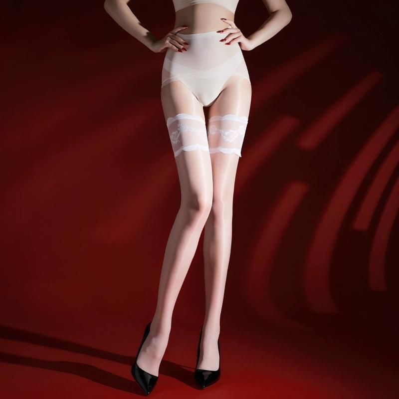 

3D Масло Блестящие Лоскутные Колготки Имитация Кружевного Верха Чулки Выше Бедра Женские Сексуальные Ультратонкие Прозрачные Бесшовные Трусики One Size