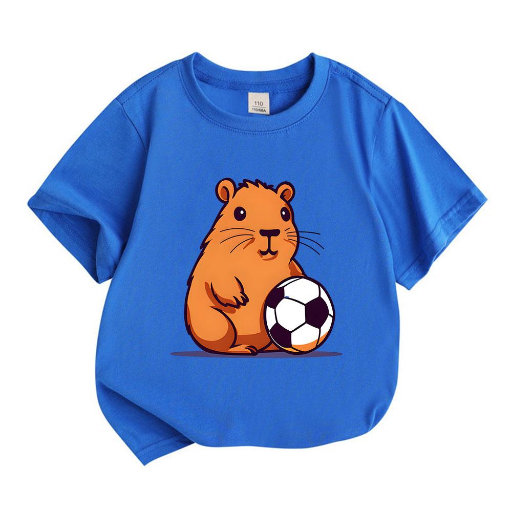 Cute Cartoon Capybara with Soccer Ball Kids T-Shirt 100% Cotton Casual Short Sleeve Round Neck Tee for Boys Girls Soft Breathable Summer Top Daily Pla