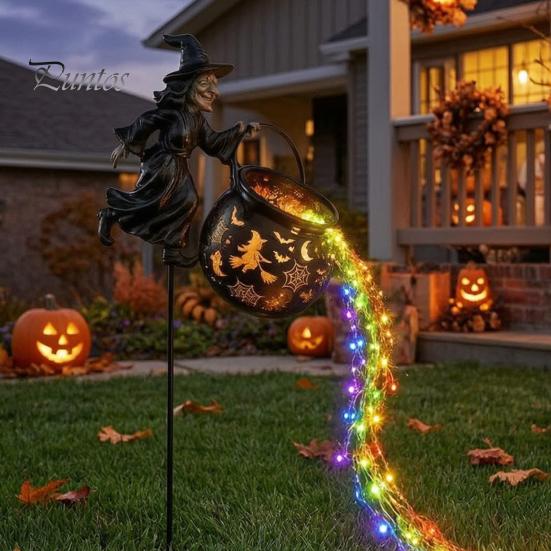 Outdoor Halloween Decorations Witch Cauldron Garden Light, Metal Yard Stake with LED String Pathway Lights Lights, Waterproof Pot Statue for Lawn Path