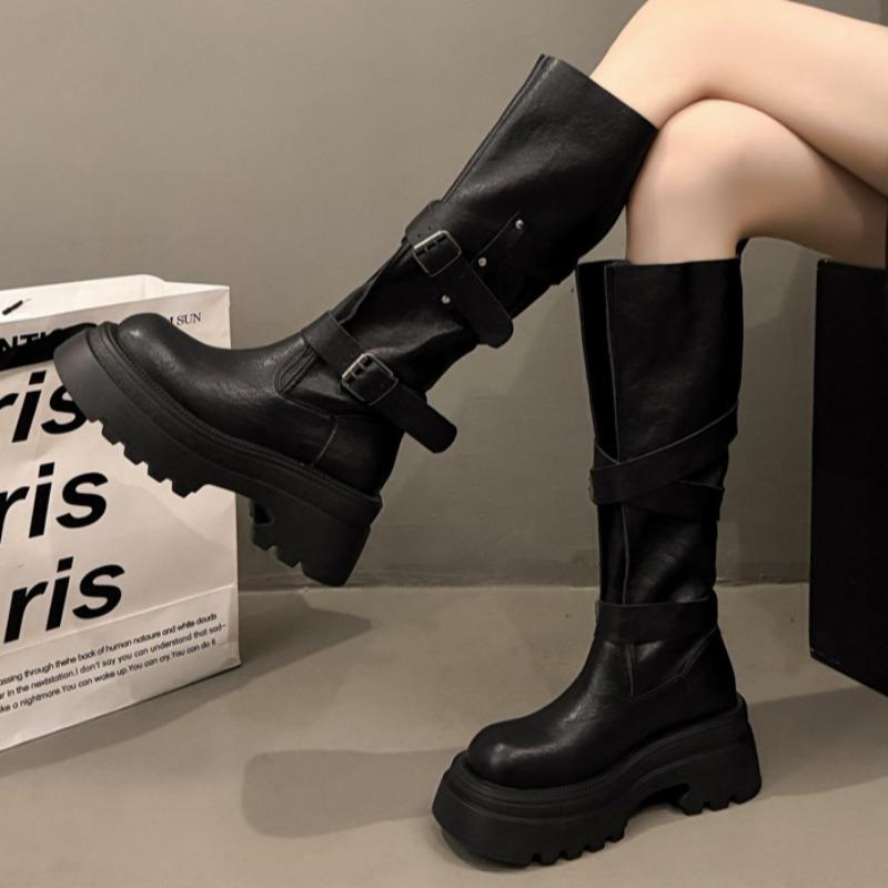 Designer Women Knee High Chelsea Boots Chunky Platform Goth Fad Heeled Shoes  Winter New Casual Woman Mid Heels Long Botas