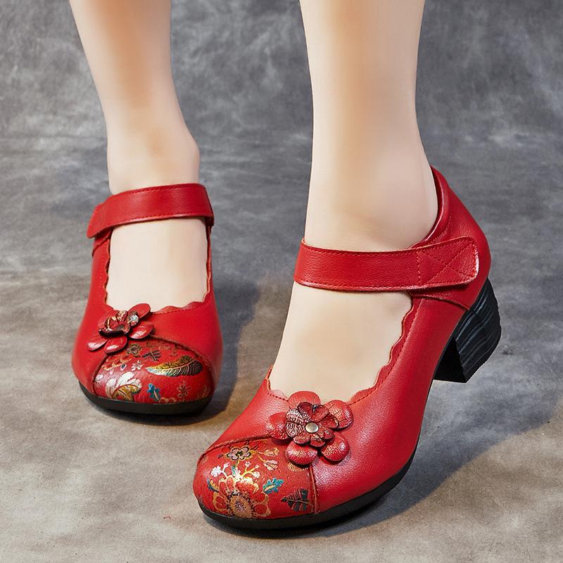 New Women's Shoes Spring and Autumn Thick Heel Soft Sole Cowhide Small Leather Shoes Mother Non-slip Wear-resistant Single Shoes Women