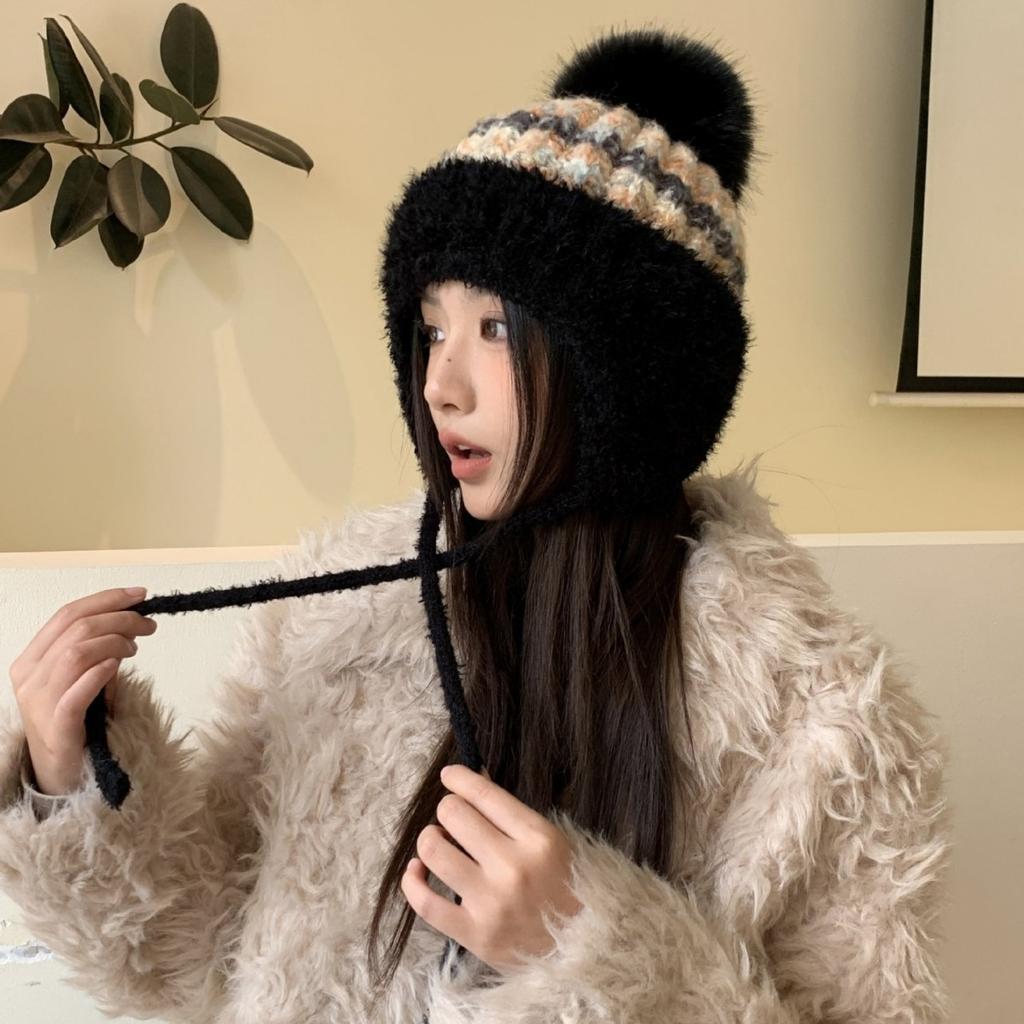 New Autumn and Winter Warm Plush Hat Knitted Hat Women's Fashion Ear Hat Windproof Hat