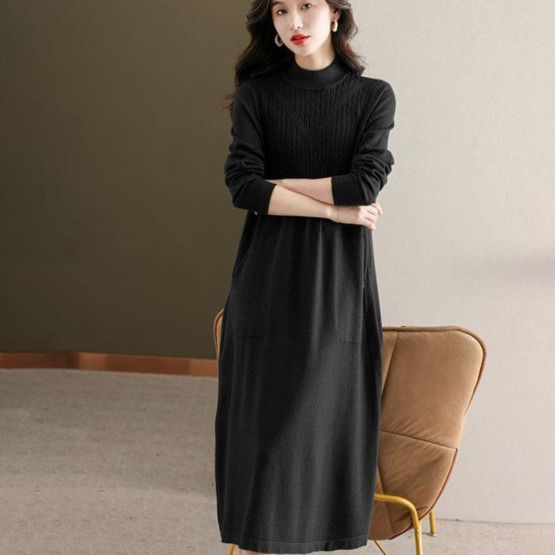 Autumn Winter Women's Plus-Size Sweater Dress Solid Color Loose Half Turtleneck Long Knitted Dress with Pockets