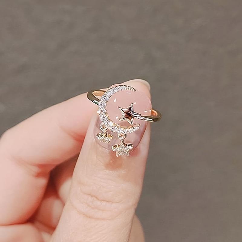Zircon open moon ring, adjustable artificial pearl ring, zircon open ring, fashionable party jewelry