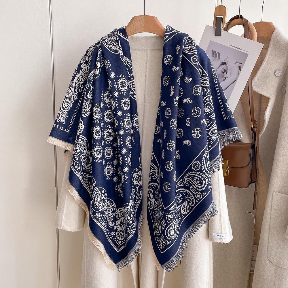 Luxury Imitation Cashmere Shawl: 140cm Square, Warm & Thick with Short Tassels