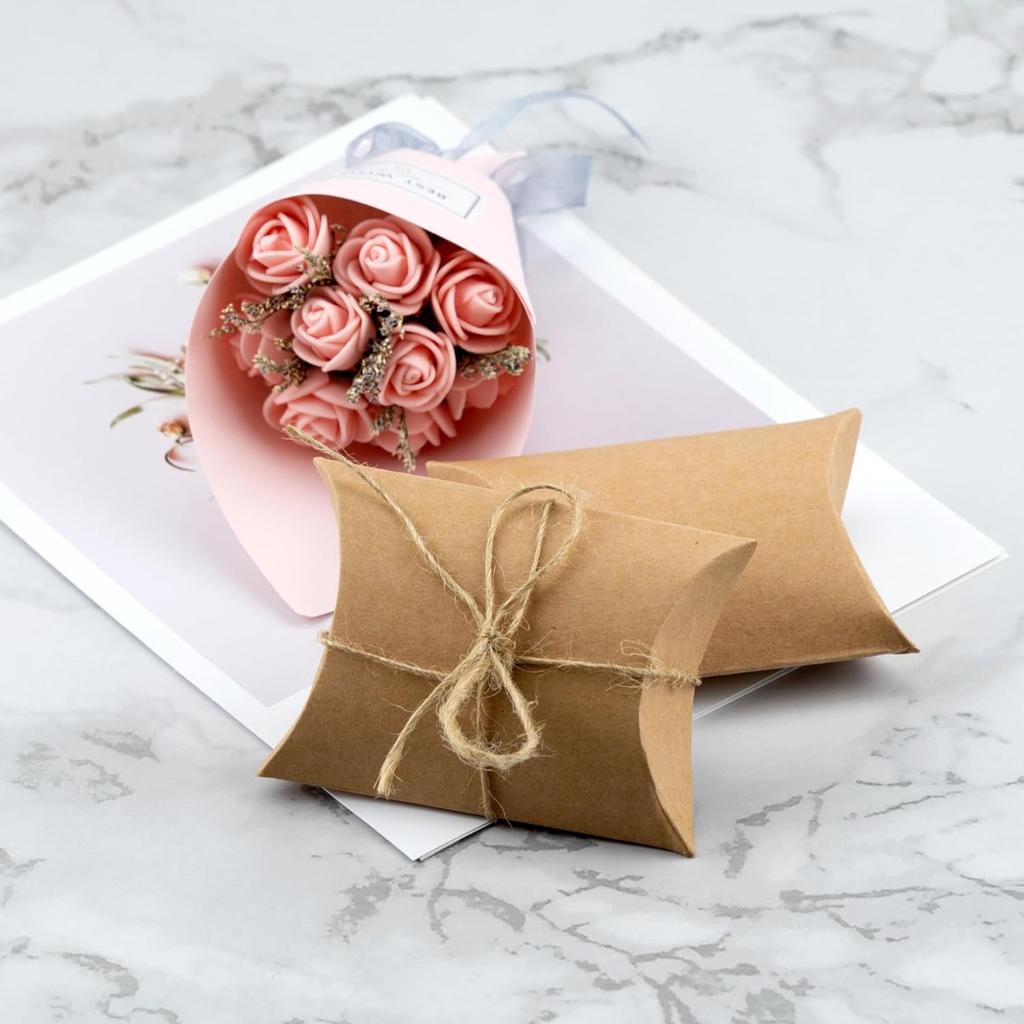 50Pcs Kraft Paper Pillow Gift Box with Jute Rope, Small Candy Boxes for Gift Jewelry Soap Packaging, Mini Foldable Gift Box Wedding Birthday Party