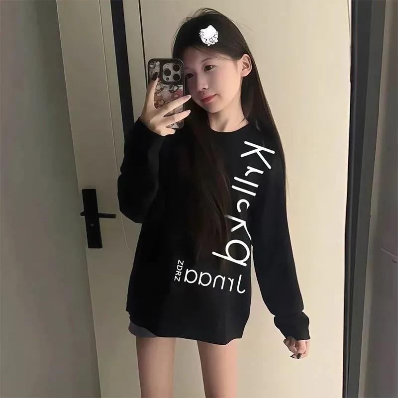 Unisex Retro Oversized Korean-Style Letter Long Sleeve T-shirt