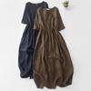 Real Shot Summer New Cotton and Linen Literary V-neck Retro Loose Waist Medium Sleeve Dress a Word Long Dress Women
