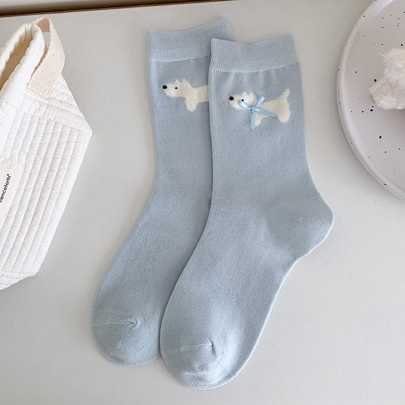 Bow Socks Medium Tube Socks Spring And Autumn Thin Pure Cotton Sweet Cute Cartoon Puppy Pile Socks Women