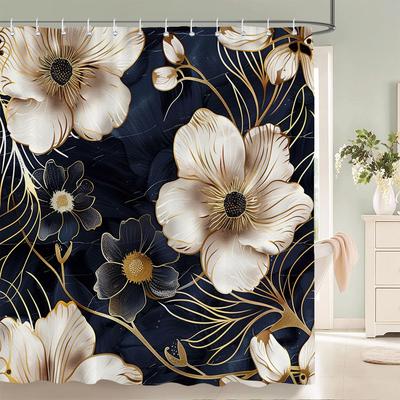 Home Shower Curtains for Bathroom Waterproof Fabric Black and Gold Flower Bathroom Curtains with Hooks Decorative Curtain