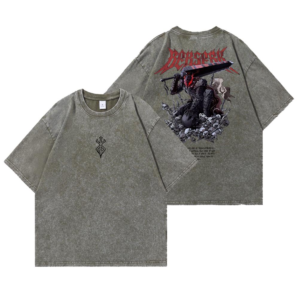 Anime Berserk Guts Acid Tshirt Retro Vintage Washed Graphic Tees Men Harajuku Cotton Casual Short Sleeve Tshirt Tops Unisex