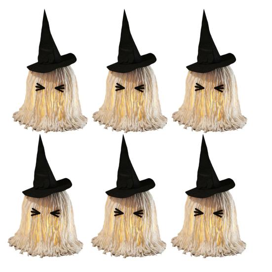 Halloween Hanging Ghost Decoration LED Light Up White Cotton Rope Ghost with Witch Hat for Indoor Outdoor Home Party Decor