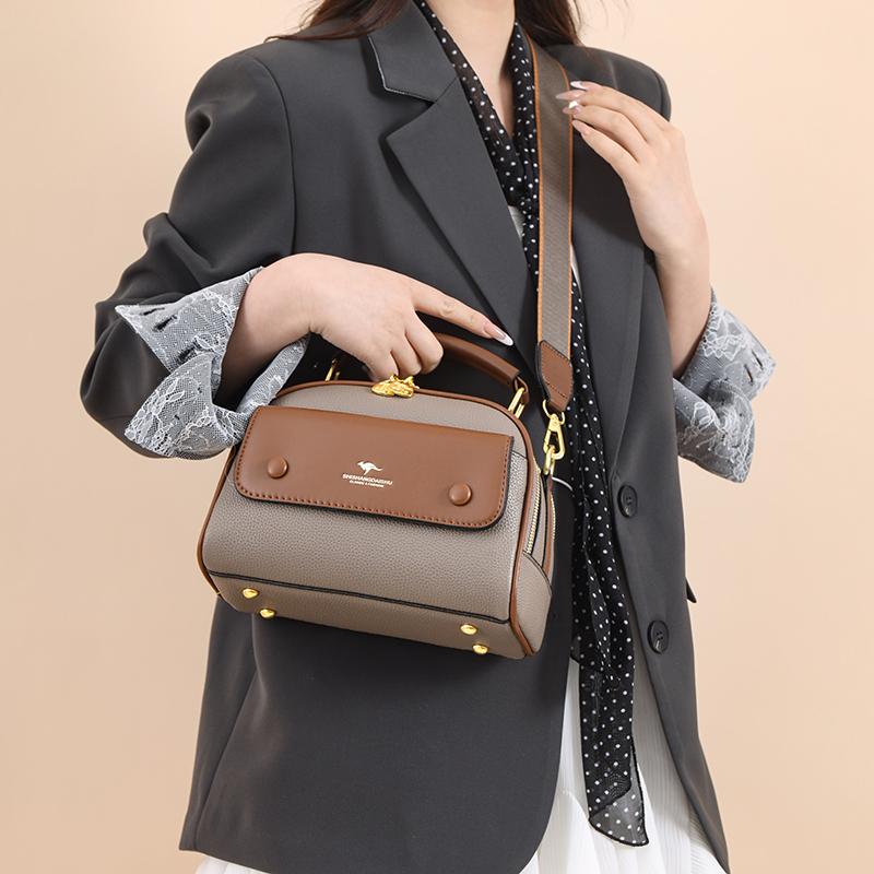 Women's PU leather top handle crossbody bag with multiple pockets, stylish contrasting color matching, and simple shoulder bag