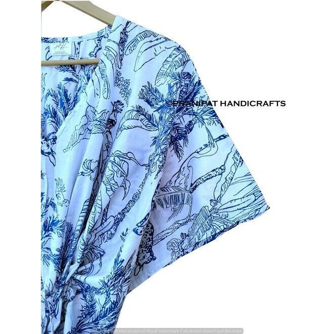 Rochie de dormit din bumbac de vară hippie pentru femei, cu imprimeu forestier, rochie maxi lungă albastră caftan CKFTN-SCRN-FULL-BUYIT-136