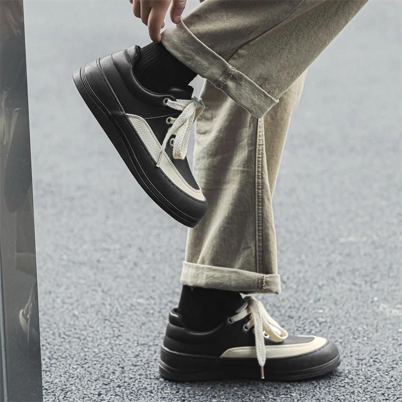 Fashion Men's Casual Sneakers Versatile Color Matching Low-cut Thick-soled Outdoor Casual Shoe Leather Breathable Skateboard Sport Shoes