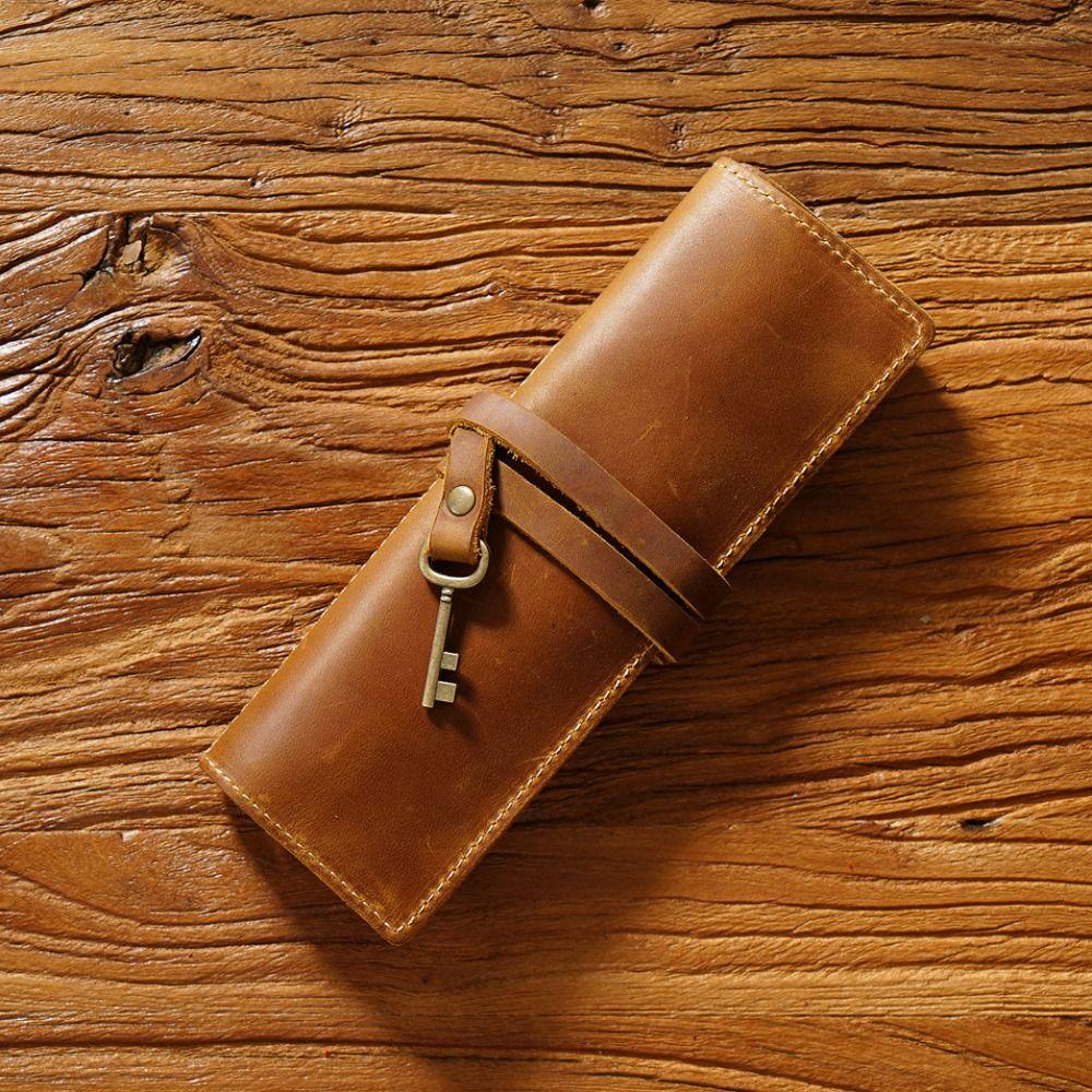 Tie Rope Genuine Leather Pencil Case Nature Cowhide Pen Protection Bag  Student Gift