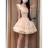 Cute sweet girl pink floral dress female design feeling waist thin short skirt summer new lace