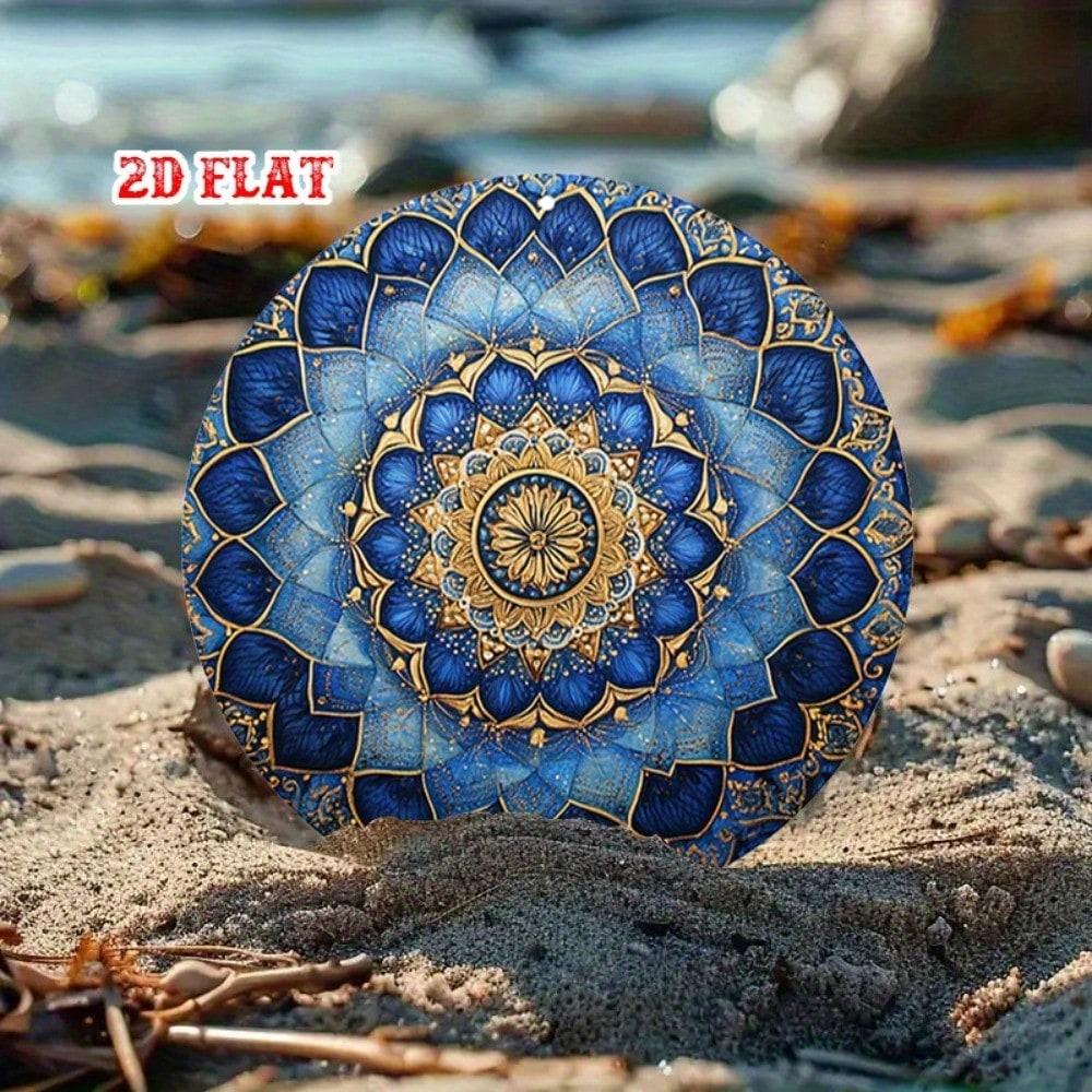 Marke Mandala Metall Wandkunst Rund Blau Gold Floral Blechschild Heimdeko