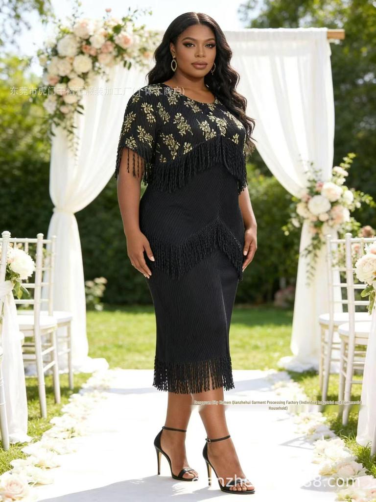 Miyaki Pleated Plus-Size African Dress with Fringe and Hot Stamping - New High-End Style
