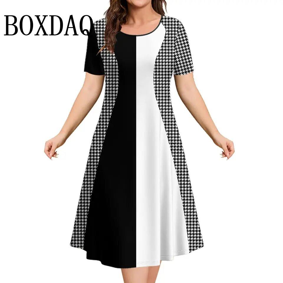 Women's Dresses Contrast Colors Striped Print Elegant Casual O-Neck Short Sleeve Fashion Dresses Summer Women's Plus Size Clothing 6XL