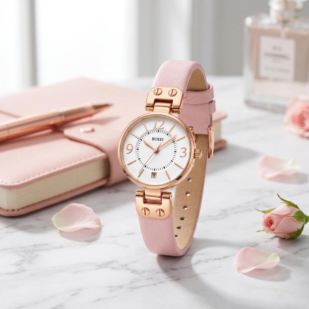 BUREI Japanese Quartz Simple and Leather Gift Women's Watch, Movement, Stylish, Strap, (Pink)