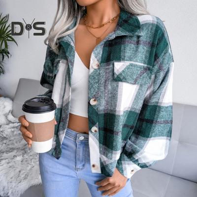 Fall Spring Women Jacket Contrast Color Plaid Print Turn-down Collar Single-breasted Fake Pocket Long Sleeves Loose Commuting Dating Coat