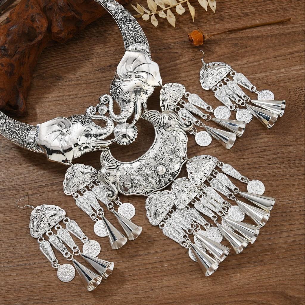 Miao Ethnic Elephant Bell Pendant Necklace With Geometric Alloy Design For Women