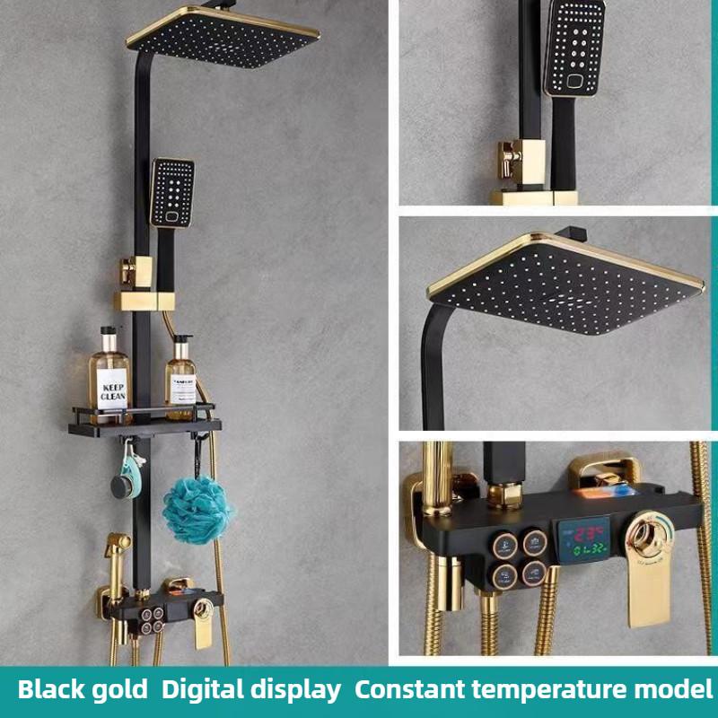 Household Bathroom Thermostatic Rain Shower Black Digital Display Pressurized Shower Head Button Showerhead Set