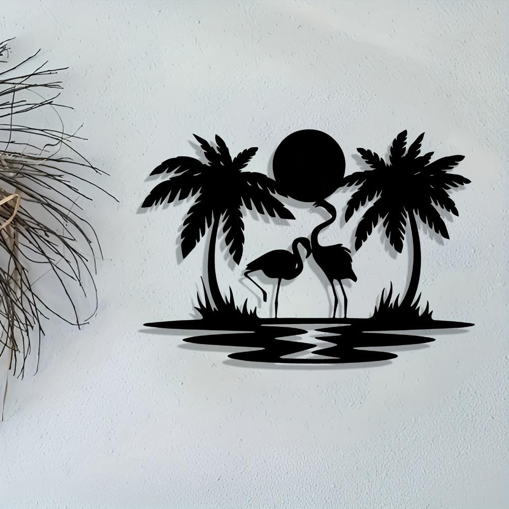 Flamingo Palm Tree Metal Wall Art Modern Tropical Sunset Sign Mural Home Room Patio Yard Indoor Outdoor Decor Gift Boho Farmhouse Hanging Ornament