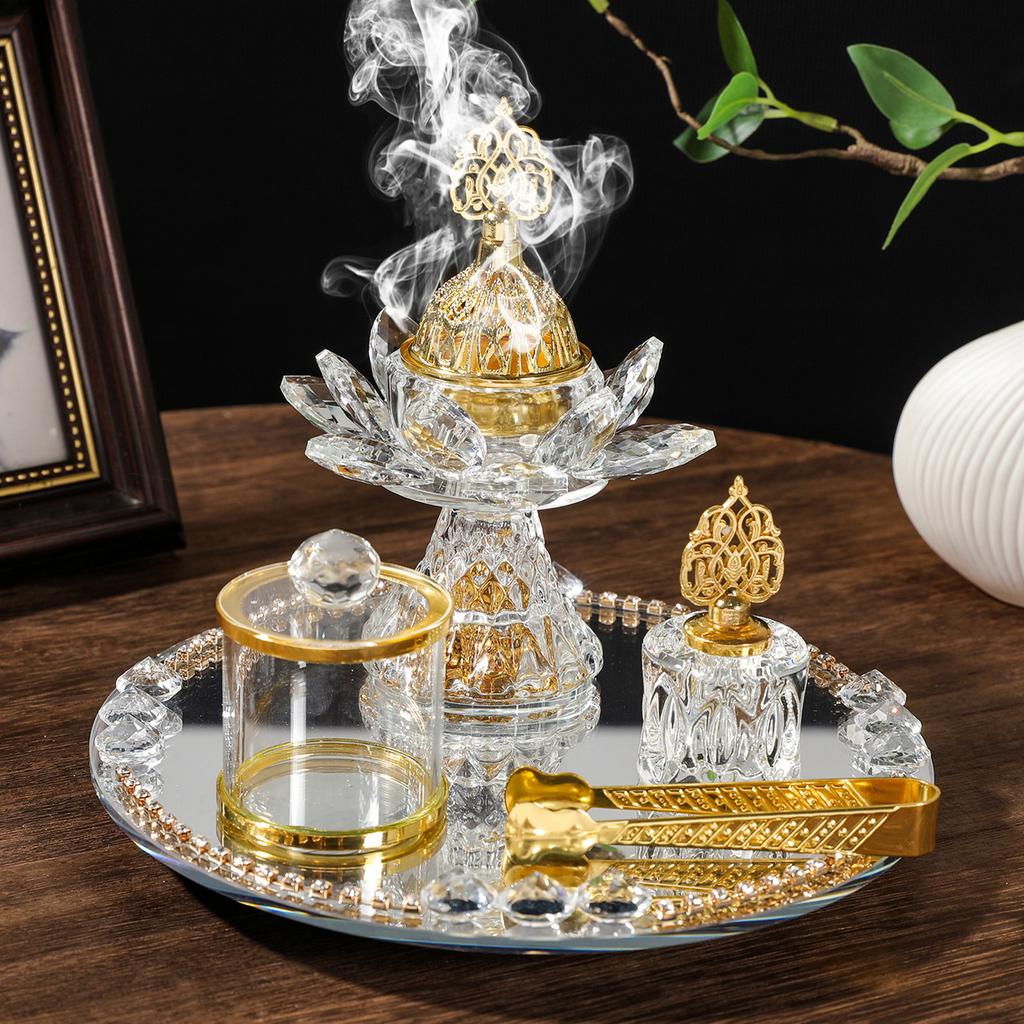Flower Design Glass Incenses Burners Set Golden Finish Storage Jar With Mirrored Tray Middle Eastern Home Decorations