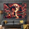 Japanese Samurai Vs Dragon Tapestry, Red Moon Sakura Temple Fantasy Art Wall Hanging for Bedroom Living Room Aesthetic Decor