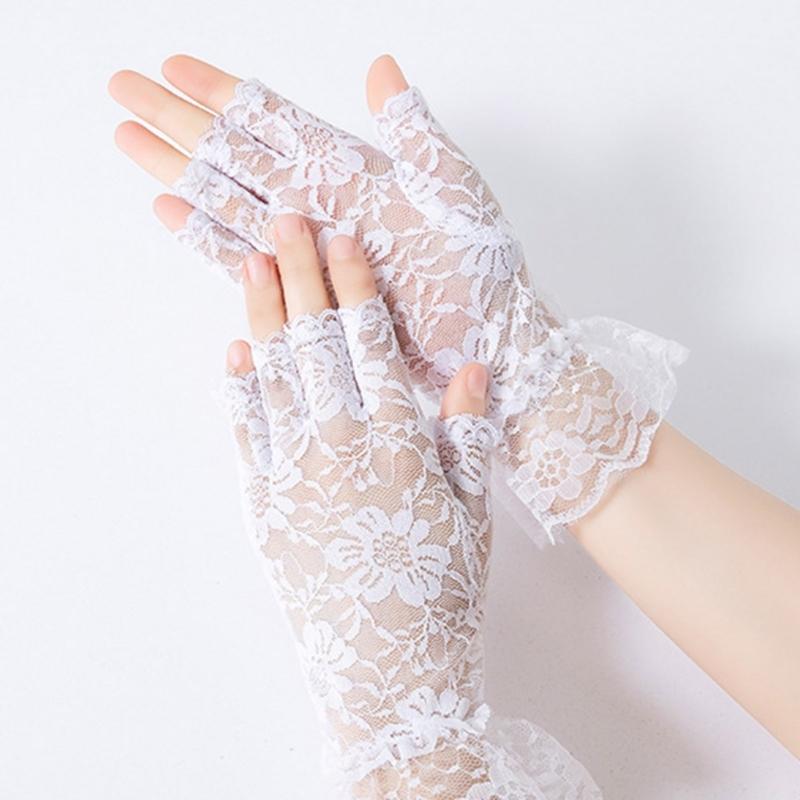 Women Bride Short Gloves Nightclub Hollow Out Lace Gloves Dancing Party Half Finger Gloves Pleated Cuff Decor Mitten