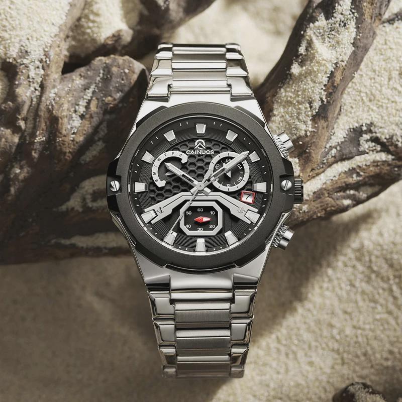 Mens Quartz Watch Waterproof Luminous Display Week/Date Stainless Steel Strap Casual Wristwatches
