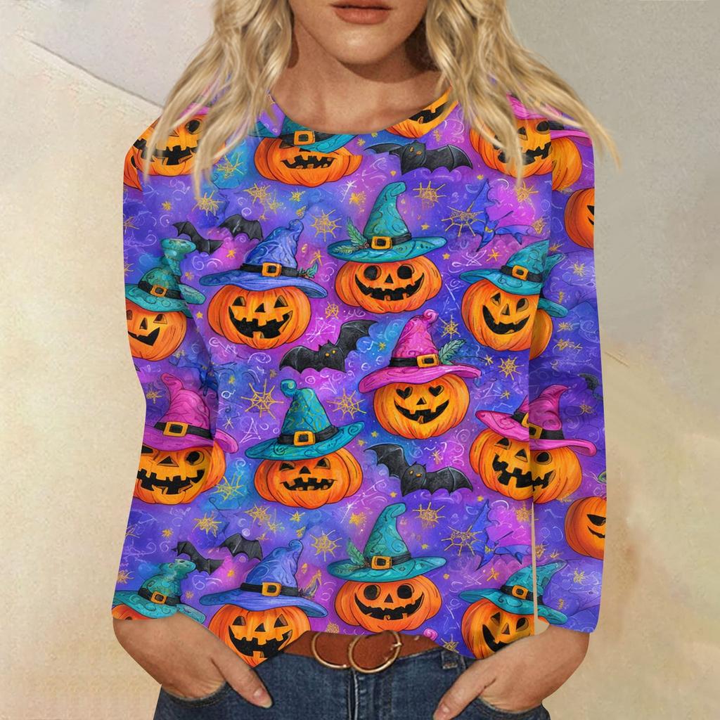 Women's Fashion Casual Long Sleeve Halloween Print Round Neck Top