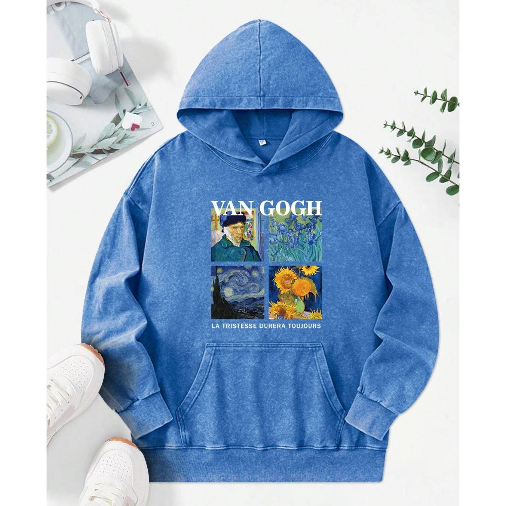 Sunflower Oil Painting Illustration Printing Washed Hoodie Women Comics Hoody Vintage Clothes Autumn Cotton Sportswear