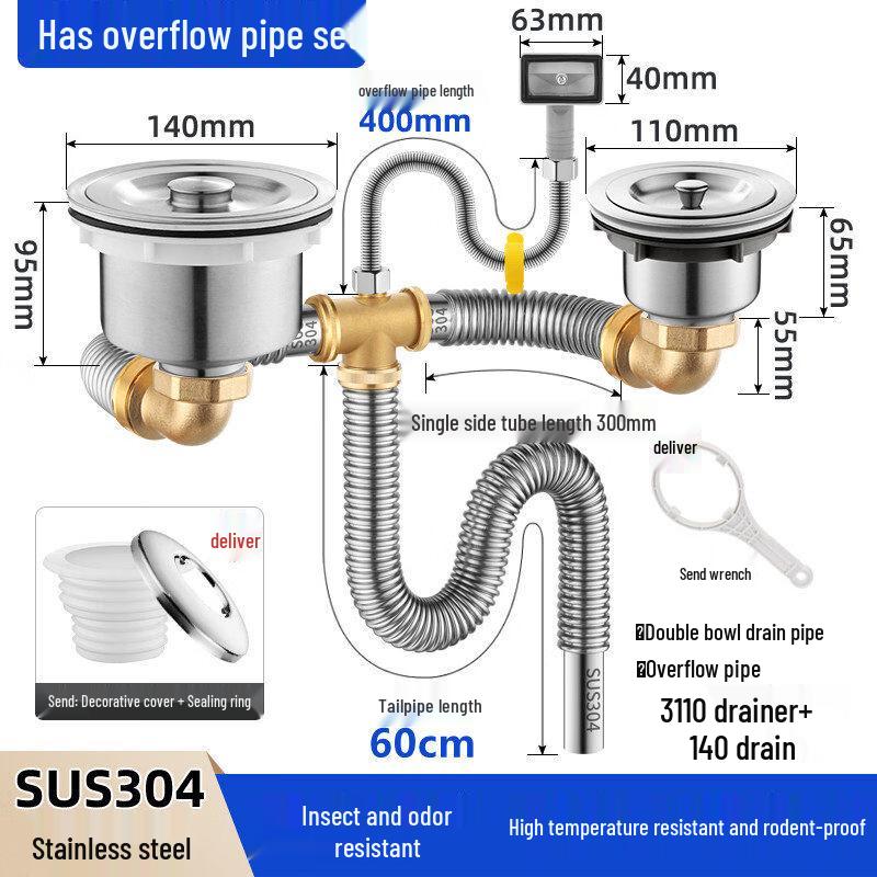 TLXT Double Kitchen Sink Drain Pipe Set