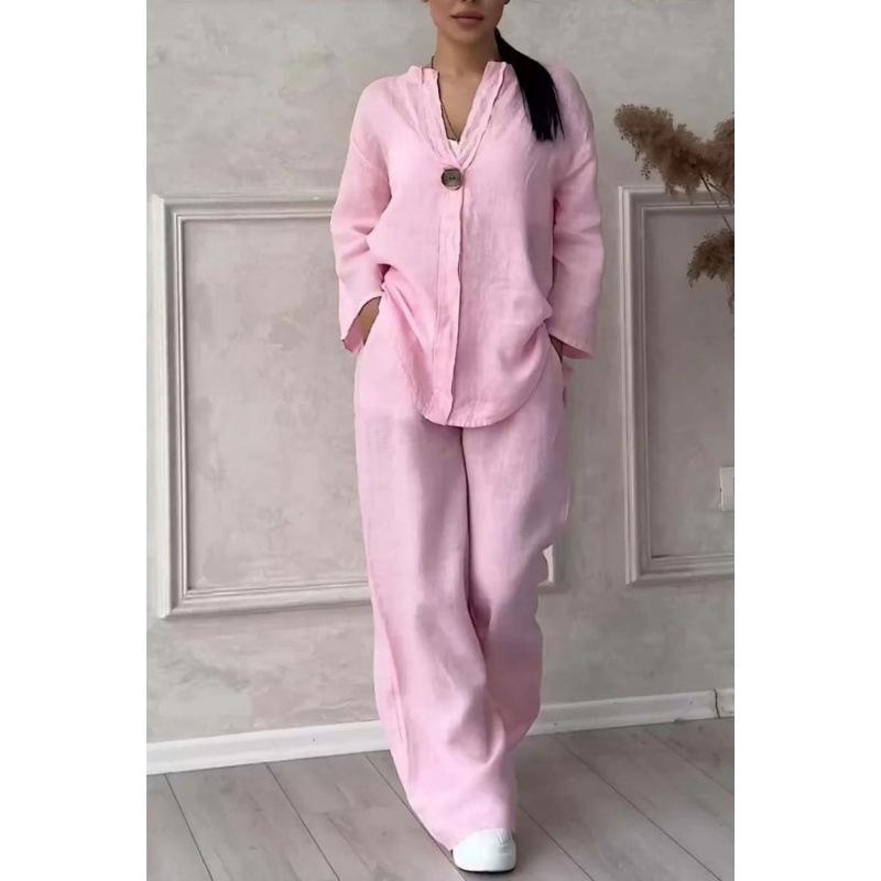 

Европейский и американский летний модный женский комплект из хлопка и льна с V-образным вырезом и длинными рукавами на 2025 год S