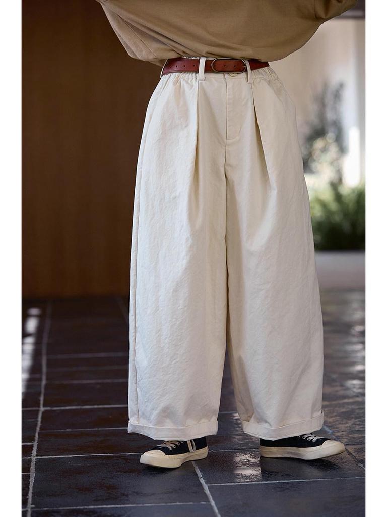 New Folk Craft Jade White Retro Wide-Leg High-Density Elastic Waist Long Pants for Autumn/Winter