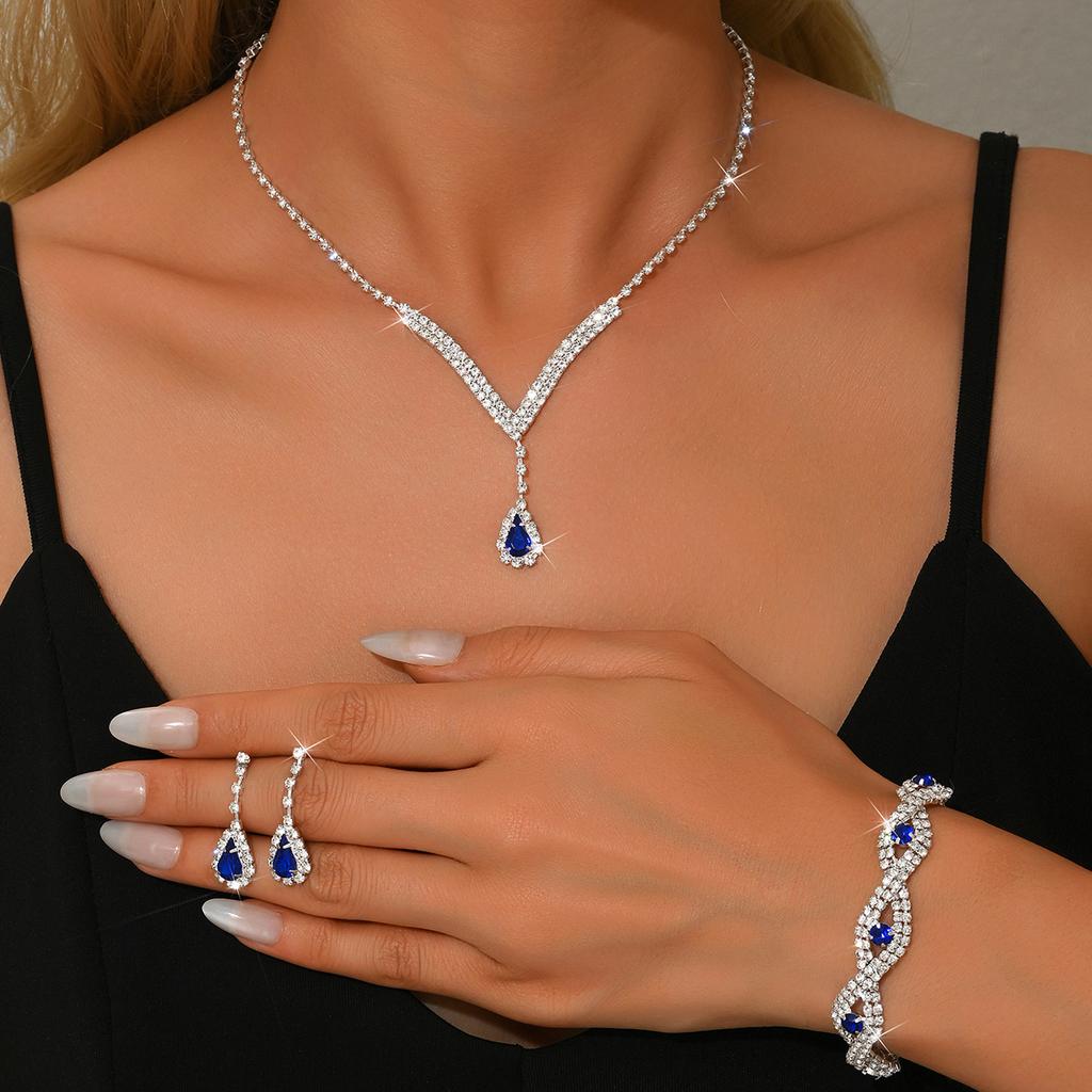 4PC Women's Fashion Water Drop Necklace Earrings Bracelet Zircon Set Suitable for Wedding, Party, Festival Gifts