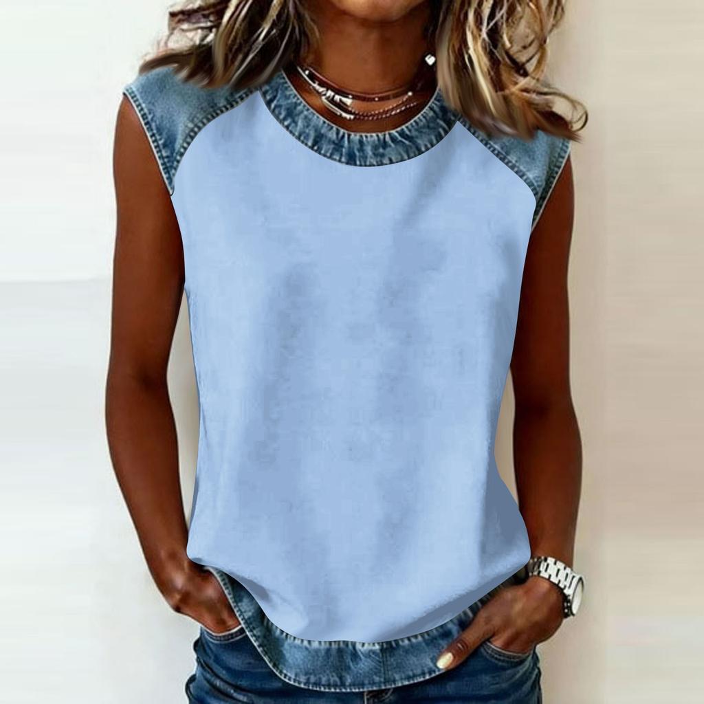 Sleeveless Crew Neck Top with Denim Trim Relaxed Fit Casual Shirt for Women Comfortable Design