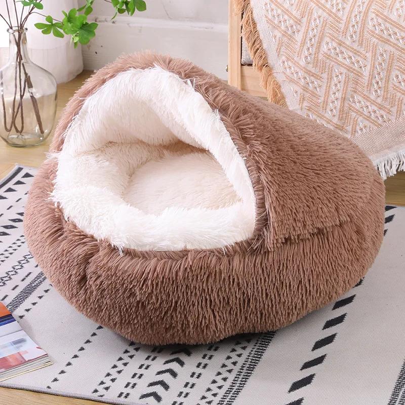 Cat Bed Round Plush Fluffy Hooded Cozy Cat Bed Cave for Indoor Donut Self Warming Small Dog Bed Anti-anxiety Puppy Kennel