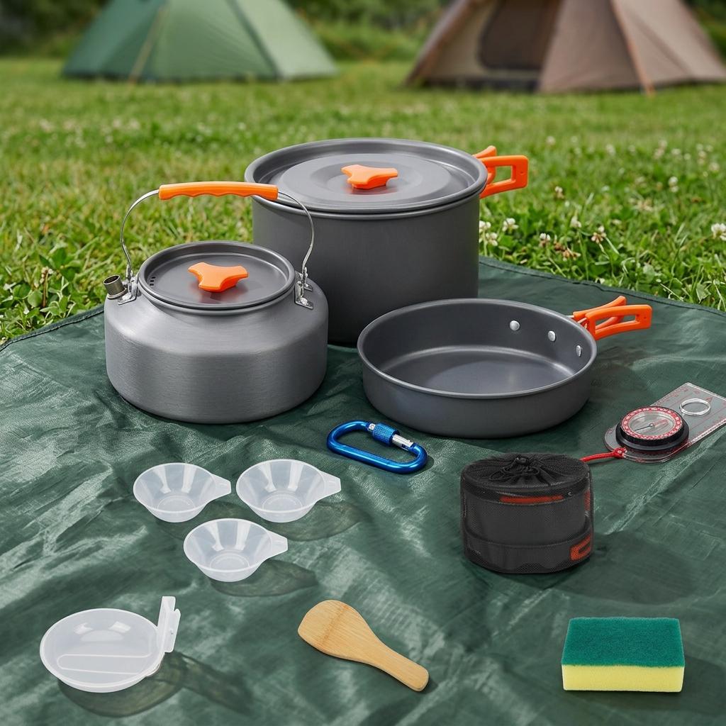 Portable Lightweight Camping Kitchen Cooking Mess Kit Aluminum Outdoor Travel Pots and Pans Set for Camping and Travel серебряный
