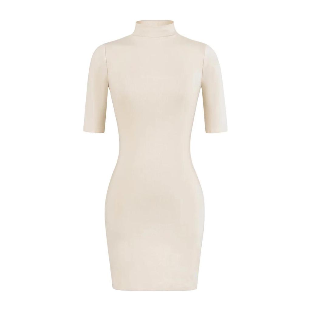 Pure Desire High Neck Slim Fit Mid-Sleeve Dress for Women – Waist-Cinched Hip-Hugging Skirt